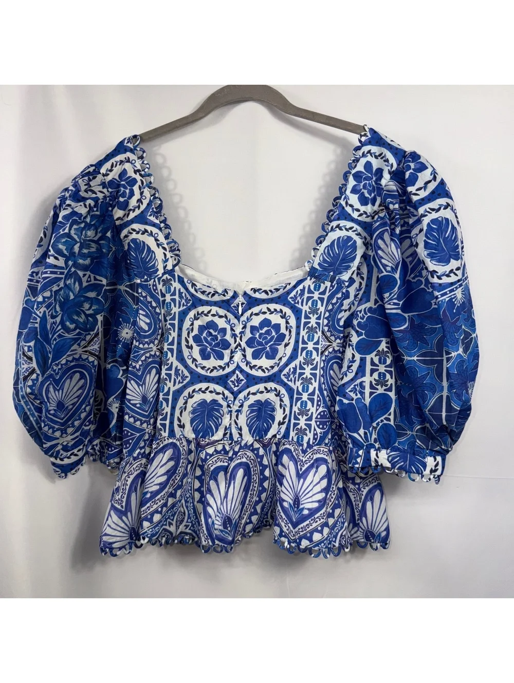 FARM Rio Blue Motif Puff Sleeve Peplum Top XL NWT